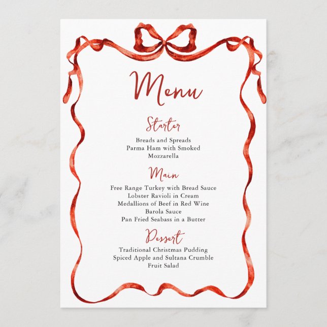 Christmas Whimsical Funky Red Bow Dinner Party Menu (Front)