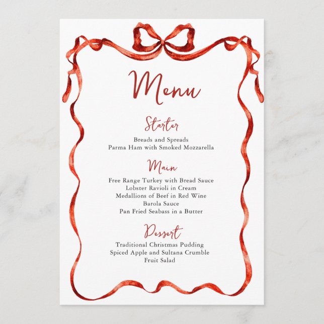 Christmas Whimsical Funky Red Bow Dinner Party Menu (Front)