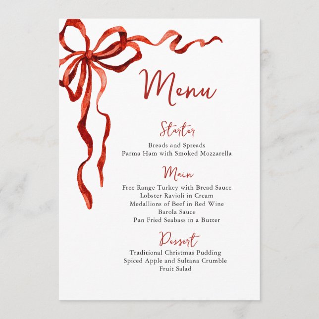 Christmas Whimsical Funky Red Bow Dinner Party Menu (Front)
