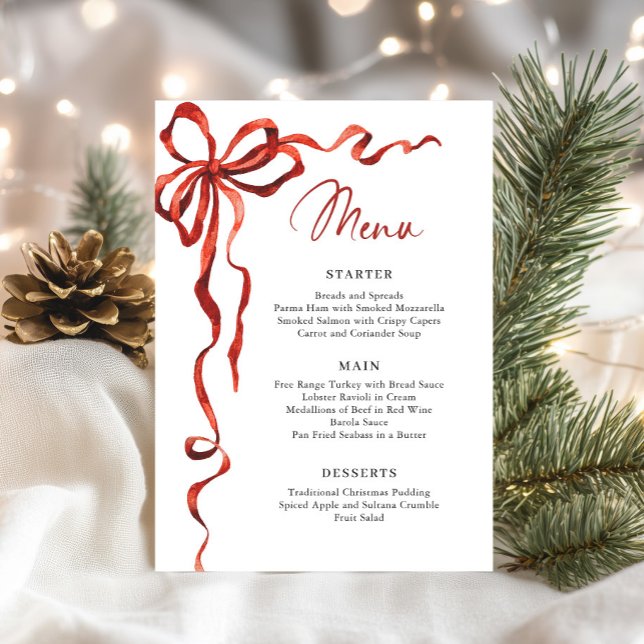 Christmas Whimsical Funky Red Bow Dinner Party Menu (Creator Uploaded)