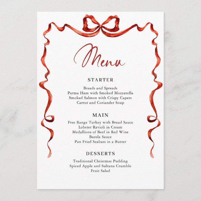 Christmas Whimsical Funky Red Bow Dinner Party Menu (Front)