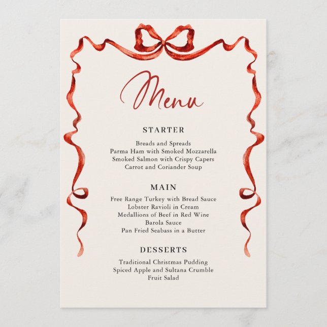 Christmas Whimsical Funky Red Bow Dinner Party Menu (Front)