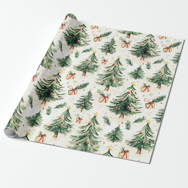Christmas Whimsical Pine Trees Pattern Wrapping Paper (Unrolled)
