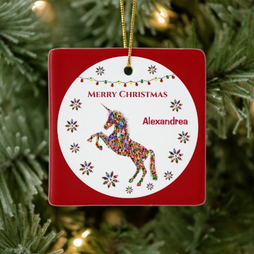Christmas Whimsical Unicorn Glitter Personalize Ceramic Ornament