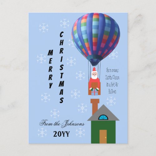 Christmas Whimsy Santa Hot Air Balloon Light Blue Holiday Postcard