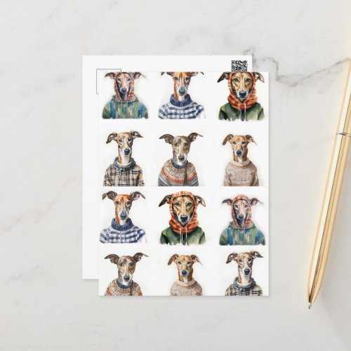 Christmas Whippet Watercolor Postcard