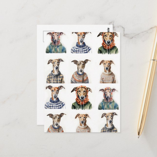Christmas Whippet Watercolor Postcard (Front/Back In Situ)