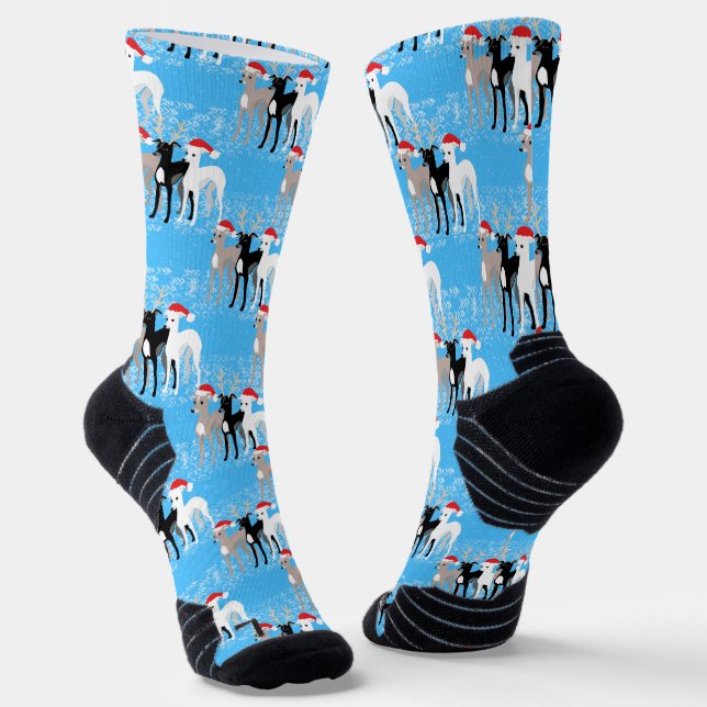 Christmas Whippets Italian Greyhounds Blue Winter Socks (Angled)