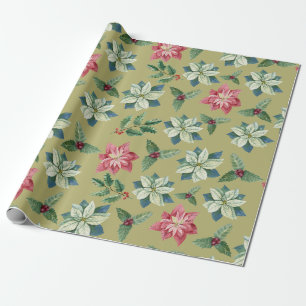 Christmas White and Red Poinsettia, Holly Berry Wrapping Paper