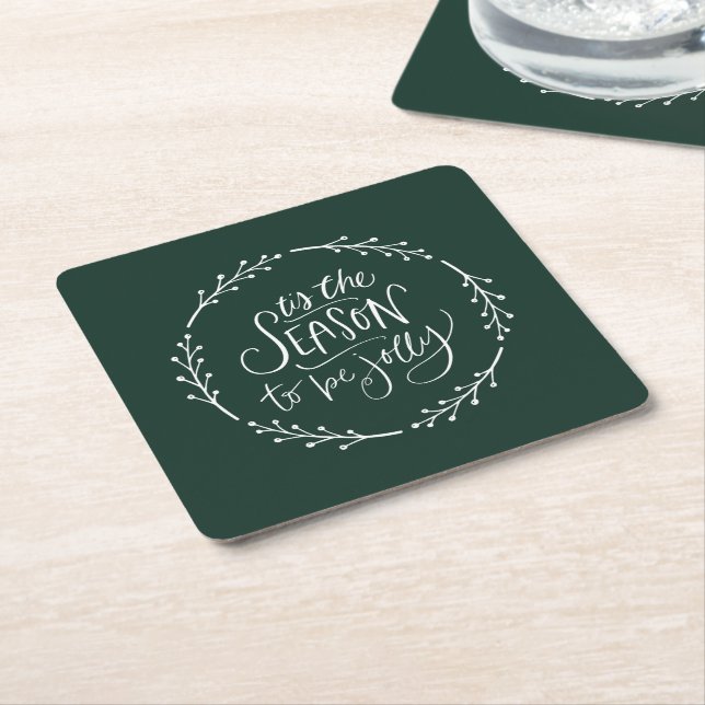 Christmas white berry wreath  square paper coaster (Angled)