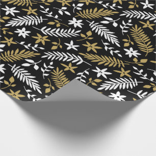 Christmas White Black Gold Botanical Pattern Wrapping Paper