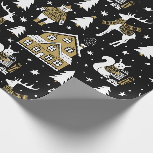 Christmas White Black Gold Reindeer Bear House Wrapping Paper (Corner)