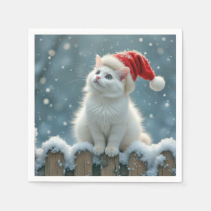 Christmas White Cat Wearing a Santa Hat Napkins