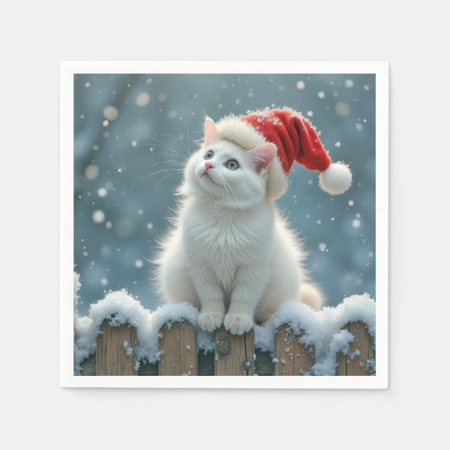 Christmas White Cat Wearing a Santa Hat Napkins (Front)
