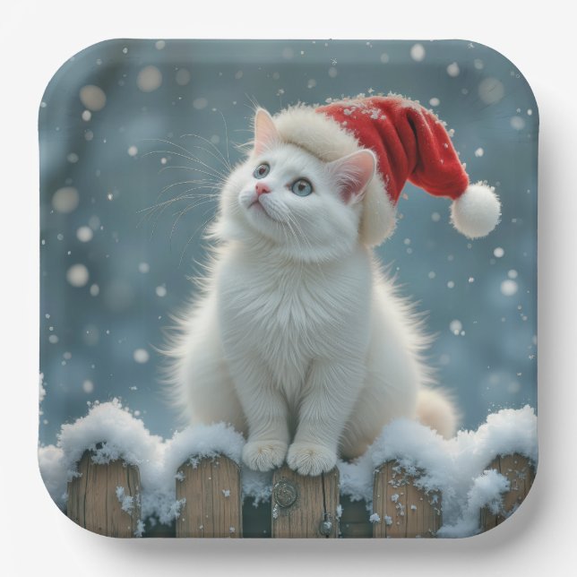 Christmas White Cat Wearing a Santa Hat Paper Plates (Front)