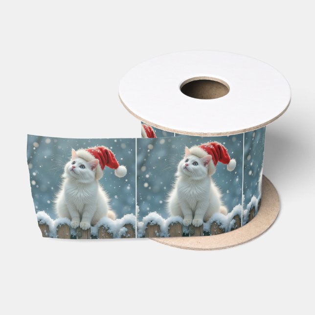 Christmas White Cat Wearing a Santa Hat Satin Ribbon (Spool)