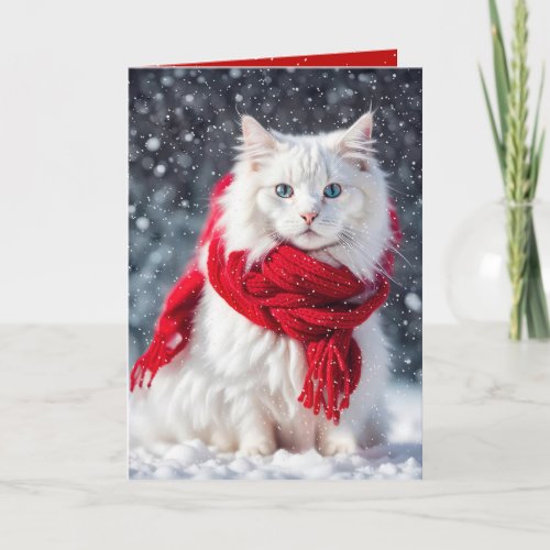 Christmas White Cat with Red Scarf Card