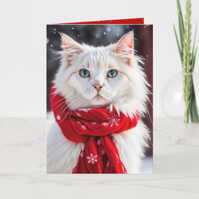 Christmas White Cat with Red Scarf Card (Front)