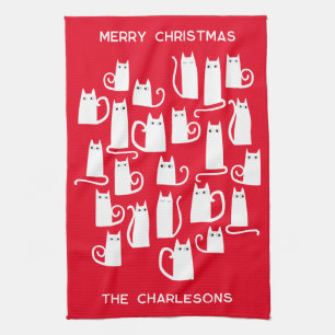 Christmas White Cats Personalized Name Kitchen Towel