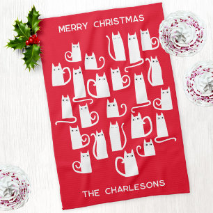 Christmas White Cats Personalized Name Kitchen Towel