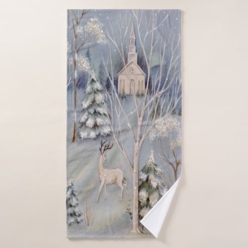 Christmas White Church Deer Sparkling Snow Bath Towel Set