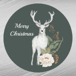 Christmas White Deer Floral Watercolor  Classic Round Sticker<br><div class="desc">A white deer with flowers.</div>