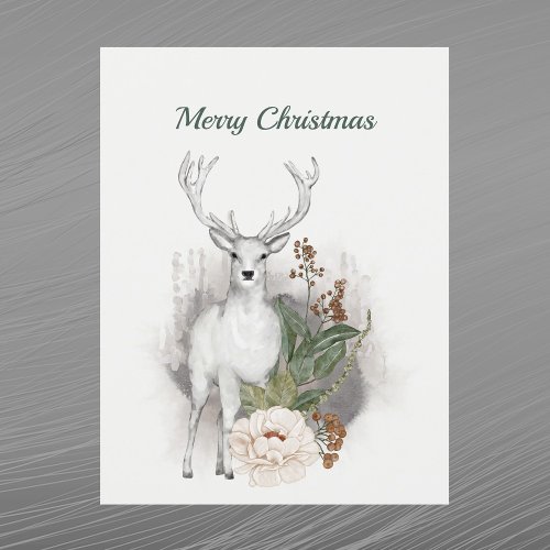 Christmas White Deer Floral Watercolor Holiday Postcard