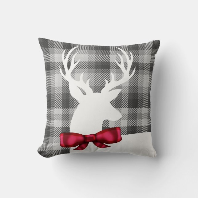 Christmas White Deer & Gray Plaid Happy Holidays Throw Pillow (Front)