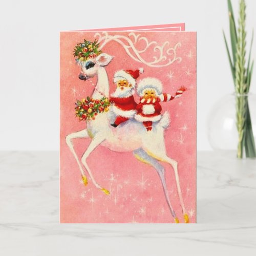 Christmas White Deer Mr  Mrs Santa Claus Card