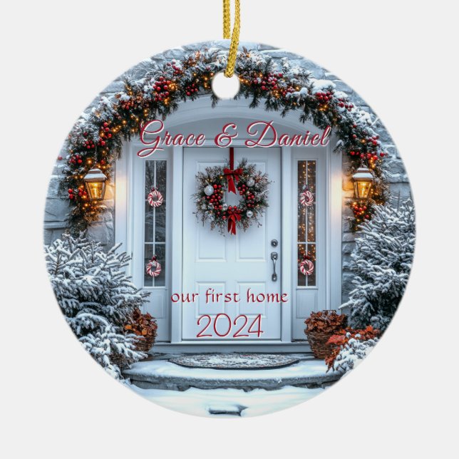 Christmas White Door Wreath "our first home" Ceramic Ornament (Front)