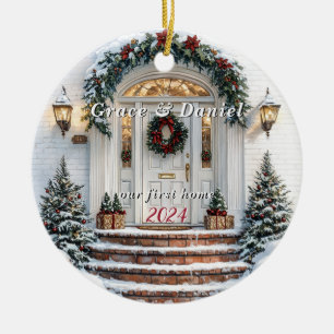 Christmas White Door Wreath "our first home" Ceramic Ornament