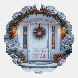 Christmas White Door Wreath "our first home" Ornament Card