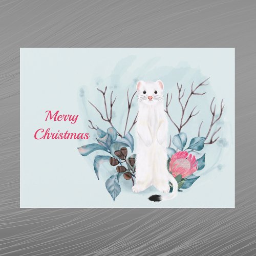 Christmas White Ermine Pink Floral Watercolor Holiday Postcard