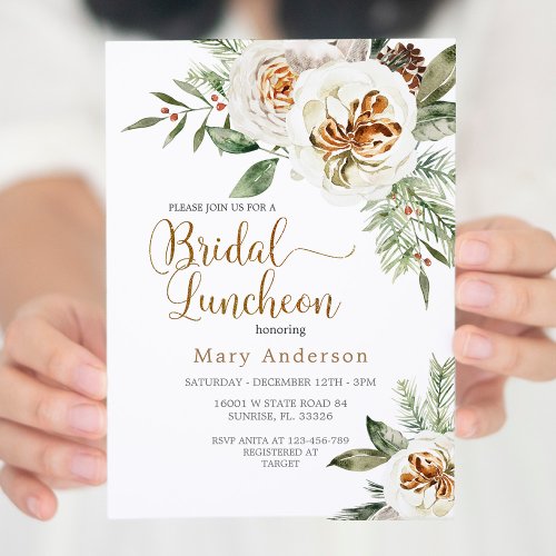 Christmas White Floral Bridal Luncheon  Invitation