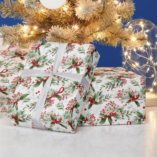 Christmas White Flowers and Red Berries  Wrapping Paper (Holidays)