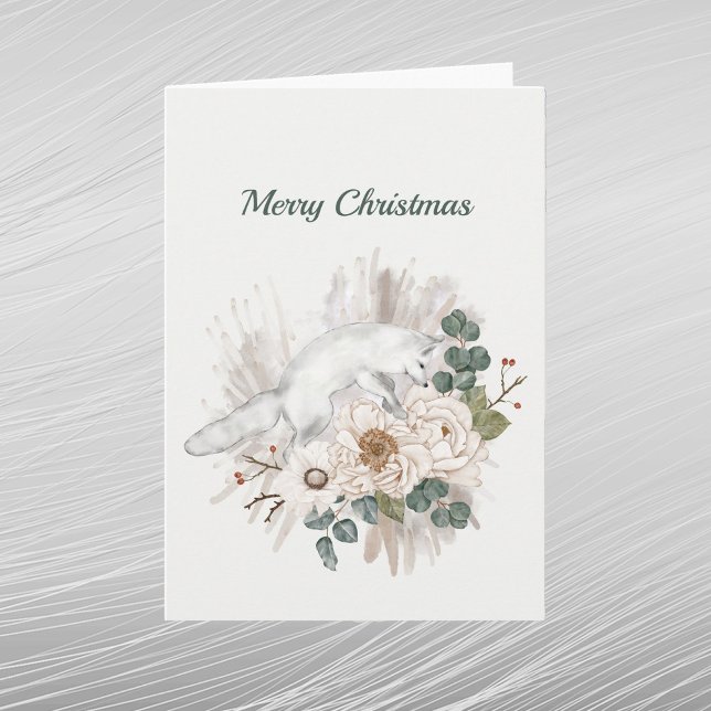 Christmas White Fox Floral Watercolor Holiday Card (Creator Uploaded)