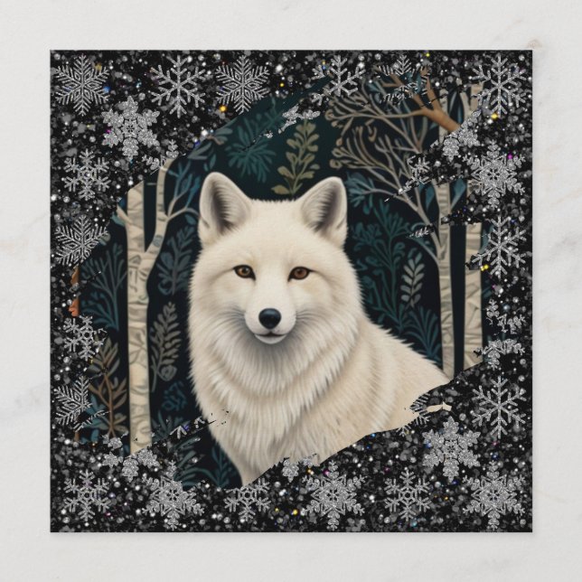 Christmas white fox white wolf sparkling snowflake invitation (Front)