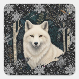 Christmas white fox white wolf sparkling snowflake square sticker