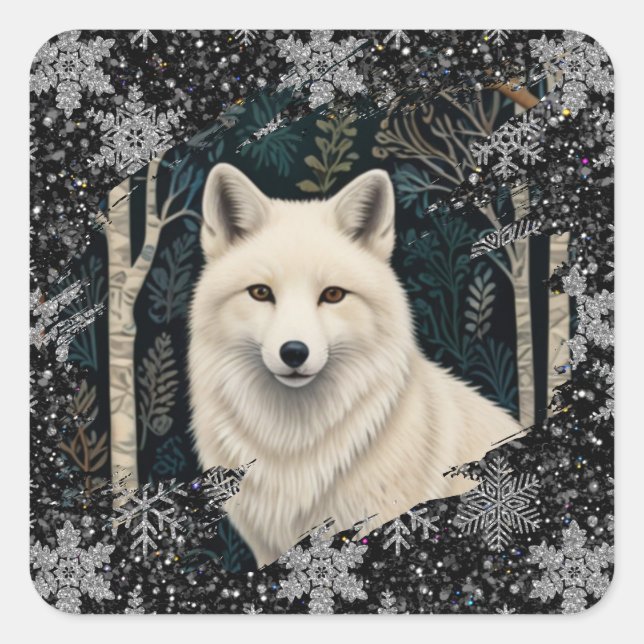 Christmas white fox white wolf sparkling snowflake square sticker (Front)