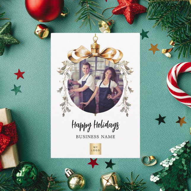 Christmas white gold bauble business photo logo holiday postcard (Creator Uploaded)
