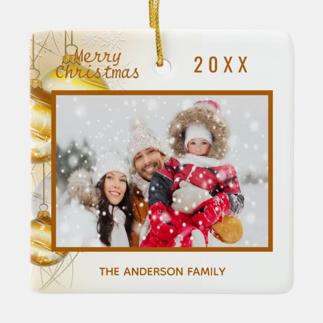 Christmas white gold baubles photo family ceramic ornament (Front)