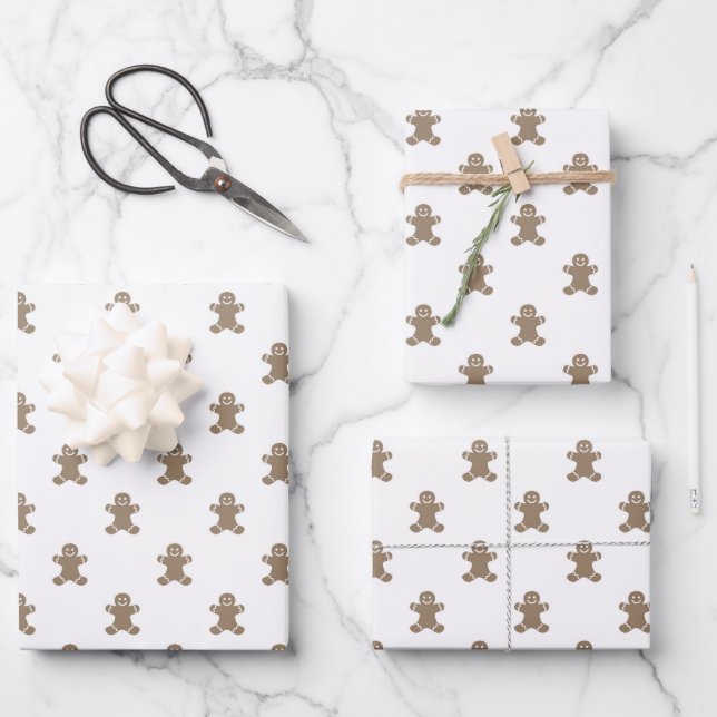 Christmas white gold cute gingerbread man pattern wrapping paper sheets (Front)