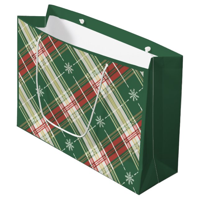 Christmas White Gold Plaid Large Gift Bag (Front Angled)