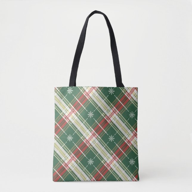 Christmas White Gold Plaid Tote Bag (Front)
