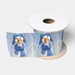 Christmas White Goose In Blue Hat and Scarf Satin Ribbon