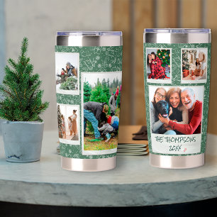 Christmas White Green Doodles 6 Photo Family Gift Insulated Tumbler