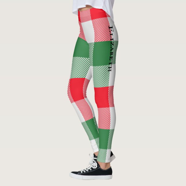 Christmas White Green Red Buffalo Plaid Pattern Leggings (Left)