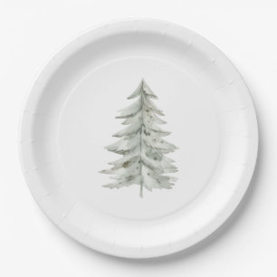 Christmas White Green Tree Paper Plates