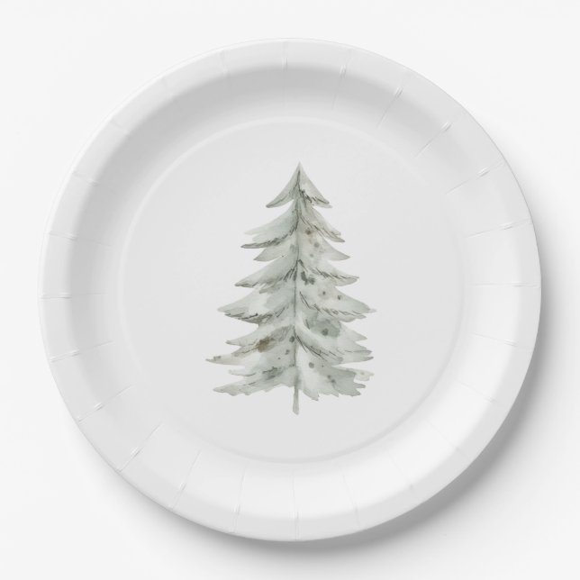 Christmas White Green Tree Paper Plates (Front)