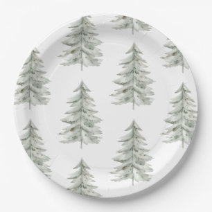 Christmas White Green Trees Paper Plates